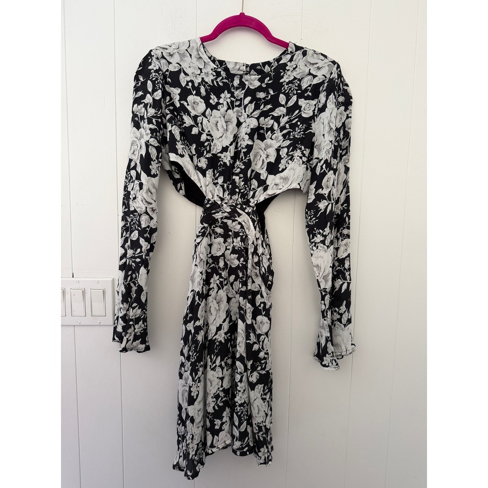 RAHI Flirty Floral Mini Dress Size M Open Back and Side Cutouts Black White $148
